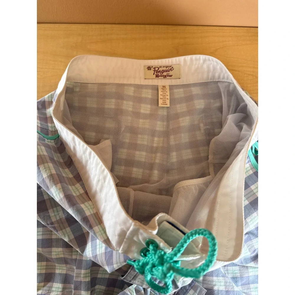 Original Penguin Mens Plaid Swim Trunks Blue‎ Green Board Shorts Size 36